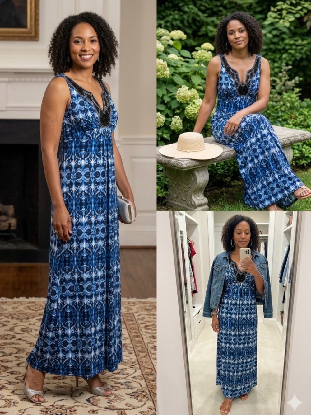 dressbarn Blue Patterned Embellished V‑Neck Maxi Dress